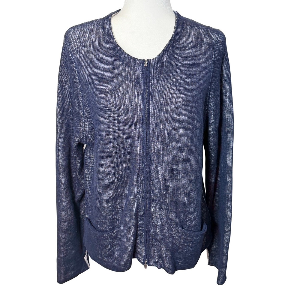 Eileen Fisher Navy Blue‎ Linen Blend Knit Zip Up Cardigan Sweater Large Coastal
